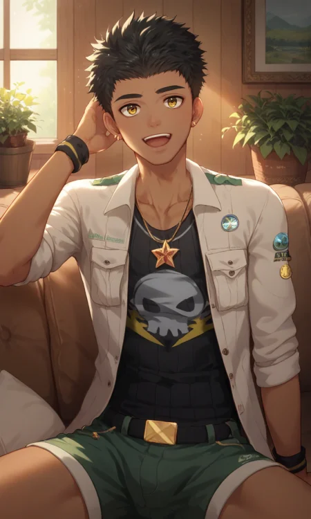 score_9, score_8_up, score_7_up, masterpiece, best quality, lots of details, close-up, ((1boy)), Kieran, slim, tan, open mouth, light smile, necklace, jewelry, black wristband, looking at viewer, male focus, sitting, on sofa, jacket, sleeves rolled up, black T-shirt, green shorts, shaded, detailed shading, detailed skin, shaded skin, realistic shading, Expressiveh, countershading:1.1, cabin, living room, indoor plant, indoors,  <lora:add-detail-xl:0.7>, <lora:Smooth Anime 2 Style SDXL_LoRA_Pony Diffusion V6 XL:0.8>, <lora:Expressive_H:0.8>, <lora:Kieran_XL_V10:0.9>