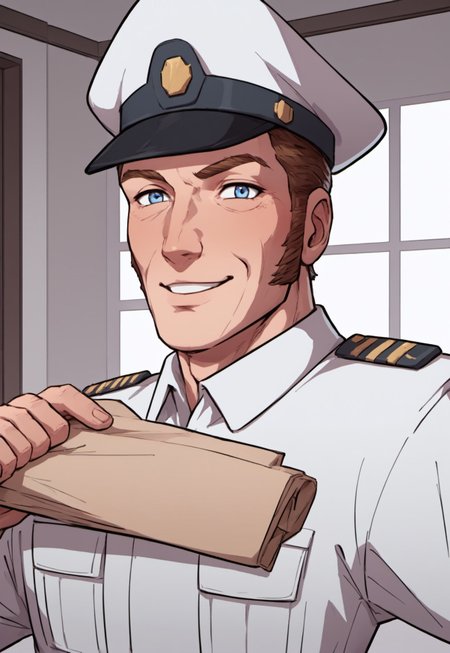safe_pos, score_9, score_8_up, score_7_up, source_anime, rating_nsfw, ultra hd, absurdres, solo, masterpiece, best quality, best aesthetic, Expressiveh, wolfconf, 1boy

JabCaptain, hat, blue eyes, short hair, brown hair, sideburns, uniform, military, portrait, headshot, looking at viewer, smiling