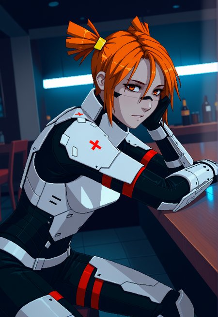 1girl,  signalis, AliceDv, short hair, 1girl, orange hair, twintails, short twintails, hair ornament, girl, pale skin, white armor, cowboy shot, short hair, orange eyes,low angle, pixel art, absolutely eye-catching, bokhe, sitting, leaning forward, looking at viewer, grey skin, leaning on arm, night, darkness, indoors, blurry background, dynamic angle,depth of field, cinematic,(masterpiece, best quality), safe, amazing quality, very aesthetic,depth of field, detailed foreground, detailed foreground, dappled sunlight, lighting Blue and Red LED Lights, Dim Lighting, Reflective floor, dark room, bar, neon light, absurdres, highres, newest, <lora:SignalisILXL_V1:0.8>,  <lora:Alice_illustriousXL_V2:0.5>