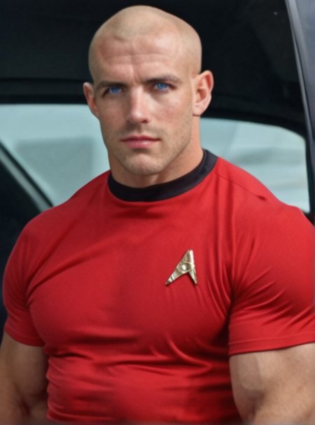 1boy, 20 year old male, Handsome, masculine, blonde, star trek, red shirt, muscle,  tall, tight shirt, wide pectorals, big shoulders, wide shoulders, muscular neck, German, bald, big pale blue eyes, abs, biceps,

stunf, star trek uniform,