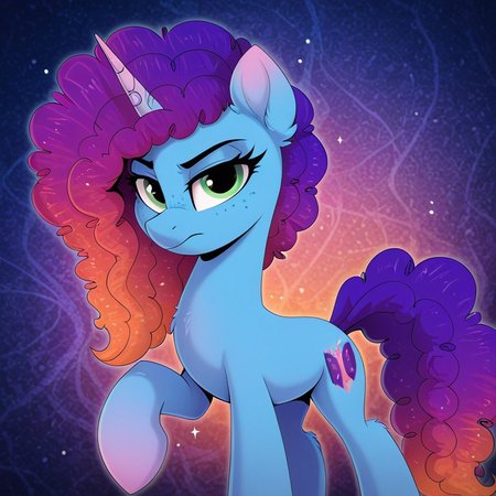 resolution, masterpiece, high resolution, (SOLO: 1.2), wild, detailed background,
Misty Brightdawn, blue body unicorn,( eyes green:1.1)  ,,solo plain background, , solo,, FIGHTING STANCE, , LOOK AT THE VIEWER, ABSTRACT BACKGROUND,
   misty, unicorn, pony, freckles, blue body,  rebirth look, gradient hair, purple and orange hair <lora:Misty111:1> Misty Brightdawn