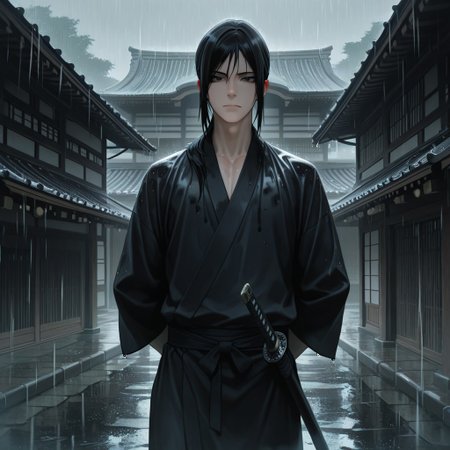 masterpiece, best quality, amazing quality, absurdres, newest, detailed background, definition so sharp, Ultra-HD, 8K cinematic, very awa, impressionate, amazing quality, highres, 
solo, male focus, manly, 
kurohyatogami, kuroh_black hair, kuroh_black eyes, 1boy, low tied hair, long hair, 
standing, hands behind back, calm posture, cool gaze, black kimono, sword on hip, rain, traditional building, serene, powerful, protective, cool, warm presence
