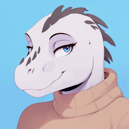 1girl, solo, looking at viewer, portrait, smile, blue background, sweater, 
furry female, snout, white skin, two-tone skin, dragon girl, blue eyes, 
masterpiece, best quality, <lora:cervina7-guy90-Illust-Lycorisv1:1>, anivrec, <lora:yukiminus_rex_(evov1)-guy90-Illust-LoraV1:1>, xerkuy