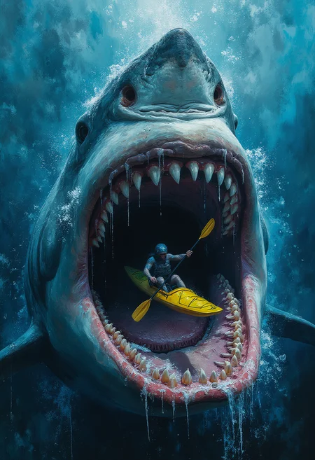 A kayaker kayaking into a giant open shark mouth, saliva dripping from the upper teeth, vibrant glow