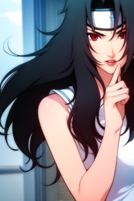 1girl, long hair, black hair, solo, looking at the viewer, forehead protector, red eyes