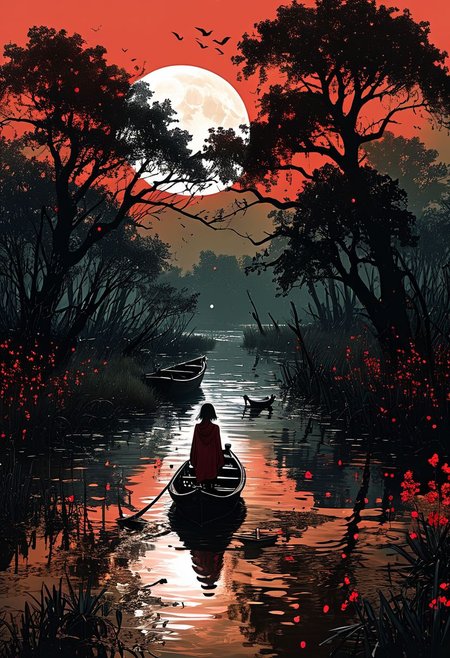 linquivera,  Ink illustration, (anime:0.5), brown tones, aged black red paper, inkpunk, moonlight,surreal, a ghost standing on a boat in swampy wetlands, (at a distance), Will-o'-the-wisp, moonlit, lonely, solitude, windy, tall trees, willows, willowy,  OverallDetail, extremely detailed, UHD,(long exposure , dystopian but extremely beautiful:1.4),