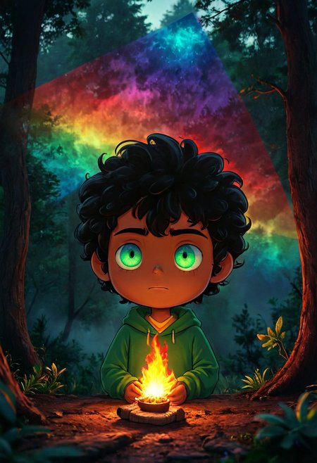 max (camp camp), dark fantasy theme, rainbow colored silhouette outline against a dark background,max (camp camp), 1boy, solo, human, male focus, curly black hair, curly tousled black hair, afro, dark skin, dark-skinned male,  large eyes, round eyes, green eyes,small nose, triangular nose, pointed nose, beautiful forest horror, anime, magical fantasy, plasma pattern, dark lights
,epic, cinematic colors, masterpiece, detailmaximizer, midjourneyv6.1