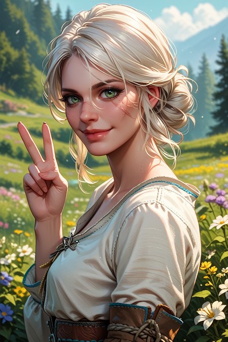 score_9, score_8_up, score_7_up, 
<lora:CiriWitcher:0.8>
CiriWitcher, 1girl, white hair, green eyes, scar, looking at viewer, from side, wink, happy, smile, closed mouth, peace sign, flowers, meadow