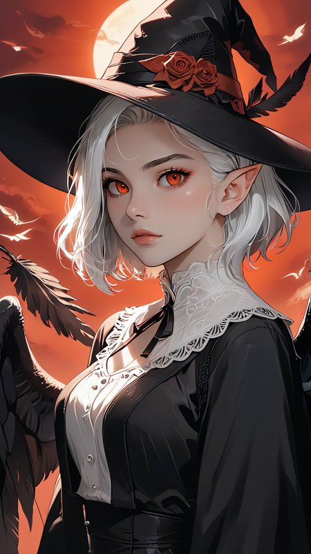 <lora:incase_style_v3-1_ponyxl_ilff:0.5> <lora:add-detail-xl:0.5> <lora:ncpy13 style_a:0.5> <lora:S1_Dramatic_Lighting_v2:0.5> <lora:Watercolor Anime Style LoRA_Pony XL v6:0.5>,detailed_background,outdoors,feathers,upper body,solo,1girl,shin megami tensei,white hair,wings,derivative work,red sclera,short hair,blush,third-party edit,furrowed brow,feathered wings,braid,shin megami tensei v: vengeance,black wings,black hat,andrich galam,highres,red eyes,sidelocks,looking at viewer,colorized,red light,light frown,pointy ears,witch hat,shin megami tensei v,hat,colored sclera,side braid,agrat bat mahlat \(megami tensei\),zezeko momo,witch,breasts