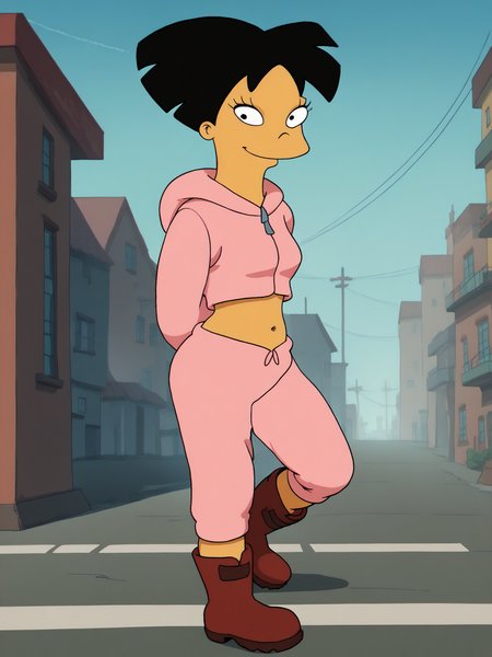 <lora:AmyWongPony1.2:1> amywong, black hair, solo, 1girl, black eyes, pink hoodie, navel, short hair, red boots, pink pants,looking at viewer,leg up,arms behind back, standing, cowboy shot,  smile, city,, score_9, score_8_up, score_7_up, score_6_up, score_5_up, score_4_up