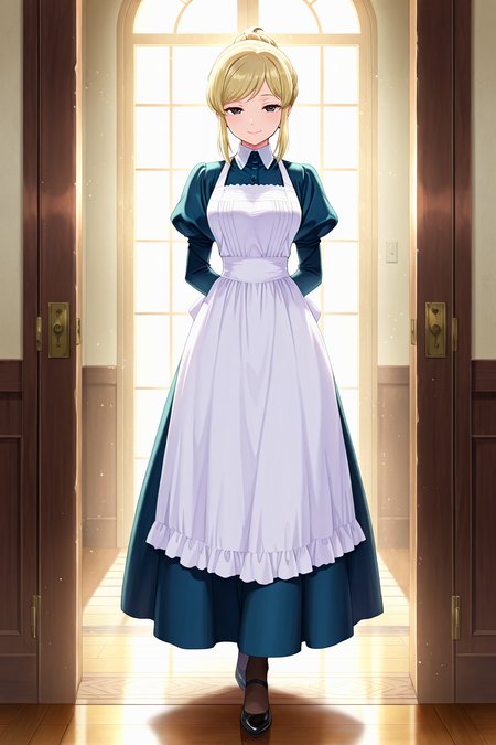 front view,
1girl,looking at viewer,full body,standing,seductive smile,
Best quality,masterpiece,soft light,official art,high quality,highres,absurdres,epic scene,natural textures,<lora:Eri Aizawa IL:1>,eri aizawa,blonde hair,sidelocks,black eyes,apron,juliet sleeves,