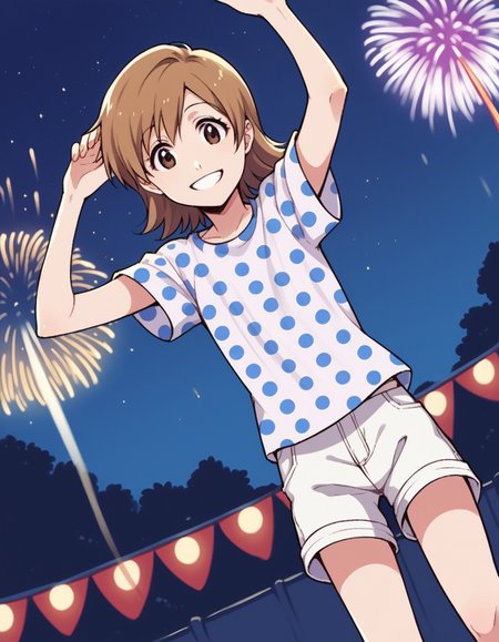 score_9, score_8_up, score_7_up, source_anime, <lora:yuzu-kurosaki-anime-ponyxl-lora-nochekaiser:1>, yuzu, short hair, brown hair, brown eyes,, shirt, short sleeves, shorts, polka dot, white shorts,, festival, fireworks, summer night, food stall, traditional, arms up,, smile, looking at viewer, elbow bent, hand on thigh, foot pointed, solo,, cowboy shot, dutch angle