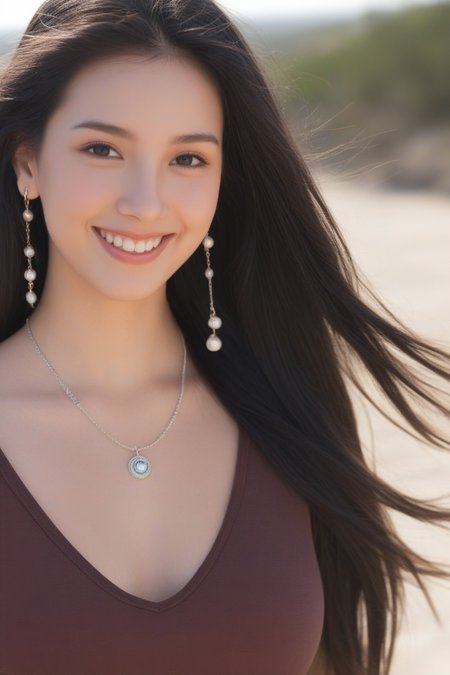 1girl, 20 years old, long hair, windblown hair , black hair, looking at viewer, 
beautiful woman, beautiful face, earrings, necklace, outdoors,smile,
