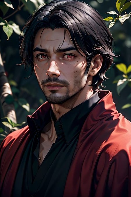 Master piece, highest quality, highest possible OverallDetail, semirealistic, red eyes,
Create an elder of a demonic sect.
The character looks like he is in his late twenties or early thirties. He is handsome.
He has black shoulder-length shaggy hair. 
His outer robe is black and the inner robe is dark red. 
His eyes are dark red. Detailed face. Red robe.
He meditates in nature.
perfecteyes eyes