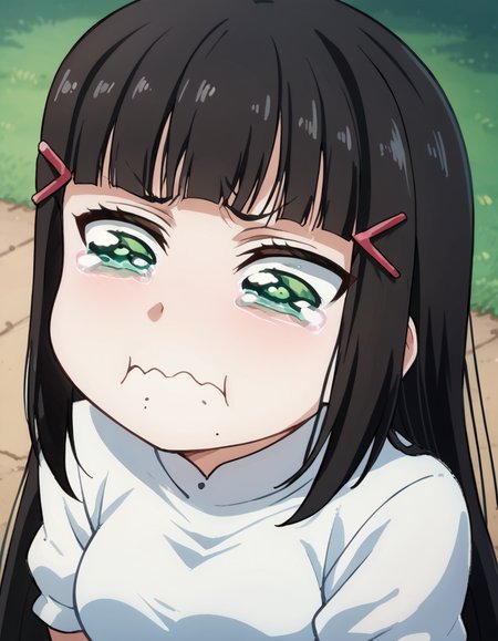 score_9, score_8_up, score_7_up, source_anime, <lora:dia-kurosawa-s2-ponyxl-lora-nochekaiser:1>, dia kurosawa, long hair, bangs, black hair, hair ornament, green eyes, sidelocks, hairclip, blunt bangs, mole, mole under mouth, medium breasts, <lora:aqua-about-to-cry-ponyxl-lora-nochekaiser:1> crying aqua, crying aqua (meme), crying, tearing up, tears, wavy mouth,, ,