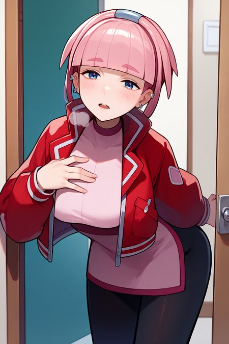 score_9, score_8_up, score_7_up, score_6_up, source_anime, 1girl, solo <lora:pkmnmollie-pdxl-nvwls-v1-000005:1> mollie, pink hair, blunt bangs, short hair, blue eyes, hairband, ear piercing, red jacket, cropped jacket, pink dress, black pantyhose, large breasts, leaning forward, looking at you, hand on own chest, open mouth, blush, heavy breathing, doorway, indoors