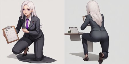 score_9, score_8_up, score_7_up, source_anime BREAK 1girl, solo, simple background, white background, 
<lora:nikke-style-poses-richy-v1_pdxl:1> {nikkecrouching, full body, squatting, purple eyes, looking at viewer, necktie, parted lips, clipboard|nikkeaiming, full body, from behind, facing away, one knee, clipboard}
office lady, suit, pants, white hair, long hair
