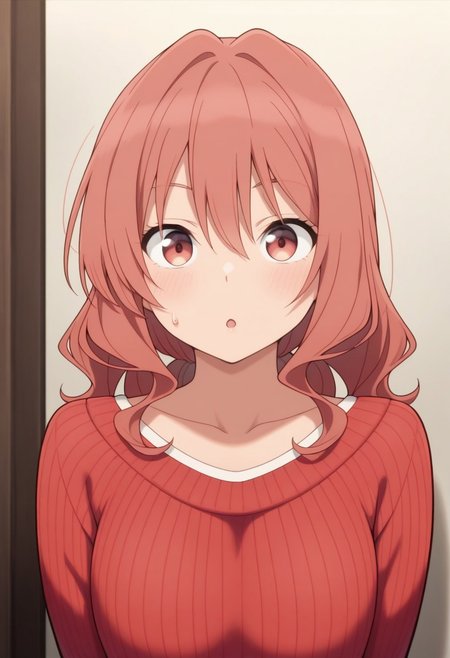 masterpiece,best quality,amazing quality, yuna amagami, coral hair, long hair, red eyes, 1girl, solo, looking at viewer, sweater, upper body, sweatdrop,collarbone, :o, red sweater, hair between eyes