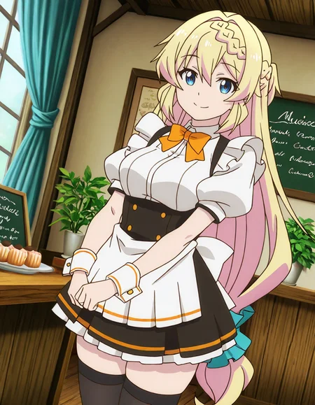 Azusa Aizawa  (slime 300nen),anime coloring,blue eyes,blonde hair,very long hair,low-tied long hair,scrunchie,bangs,french braid,waitress,orange bowtie,puffy short sleeves,wrist cuffs,white shirt,waist apron,black skirt,black thighhighs,explicit,1girl,
(dynamic angle:1.2),
looking at viewer,
smile,
medium breasts,
mildly perky breasts,shapely breasts,soft breasts,smooth curvature, visible cleavage, realistic breasts shape,balanced proportions,realistic proportions,natural breasts,natural looking breasts,hair between eyes,slim,curvy,(narrow waist:0.1),(wide hips:0.7),thick thighs,perfect anatomy,natural body,shapely body, smooth curves, defined waistline, soft shadows,elegant posture,detailed body,skindentation,matte skin,smooth skin,deep skin,soft brightness,skin shading,matte lighting,detailed mouth,kawaii,moe face,(bold),strong outlines,clean lineart,harsh lines,
(anime screencap,anime coloring,anime screenshot),anime style, Japanese anime, cel-shading, clean lineart, vibrant colors, sharp facial features, 2D illustration, anime screencap style,anime background scenery,detailed linework,intricate details,(masterpiece,best quality,amazing quality,16k,newest,very aesthetic,absurdres),highres,vibrant irises,ultra-detailed,perfect hands,five fingers,detailed hands,fantasy wooden cafe interior, cozy medieval coffee shop, carved wood furniture, polished wooden floor, exposed wooden beams, stained glass windows, elegant curtains, sunlight filtering through windows, decorative plants, teacups on tables, pastries on display, handwritten menu board, embroidered cushions, charming small tables, rustic elegance, warm and inviting atmosphere, high fantasy setting,
 <lora:ã¹ã©ã¤ã åãã¦300å¹´ç¥ããªããã¡ã«ã¬ãã«MAXã«ãªã£ã¦ã¾ããã¢ãºãµã¢ã¤ã¶ã¯illustriousslime_taoshite_300nen_shiranai_uchi_ni_Level_MAX_ni_nattemashitaAzusa_Aizawaillustrious:0.8>