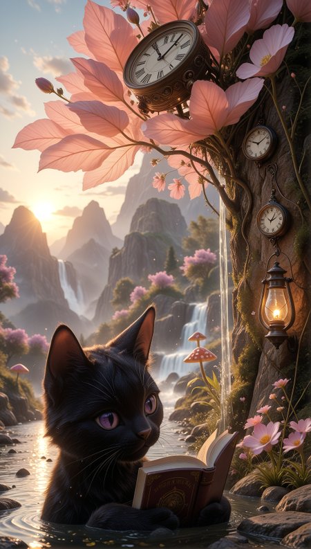 A digital painting of a cute black cat with closed eyes, sitting in a river at night, reading a book. The cat is surrounded by a serene, magical landscape with mountains, a waterfall, and a waterfall in the background. The sky is a beautiful mix of pink and purple hues, with a few clouds scattered across it. A large, leafy clock hangs above the cat's head, casting a warm glow. The scene is illuminated by a warm, golden light, creating a dreamy, ethereal atmosphere..    

,
masterpiece, best quality, amazing quality, very aesthetic, perfect, eyes, grown, 24yo, photorealistic, (USNR),





,solo, holding,  flower, outdoors, sky, cloud, water, tree, book, no_humans, animal, cat, grass, plant, scenery, pink_flower, holding_book, partially_submerged, sunset, rock, lantern, water_drop, open_book, mountain, sun, clock, reading, lamp, fantasy, animal_focus, black_cat, mushroom, mountainous_horizon, whiskers, waterfall, black_fur
