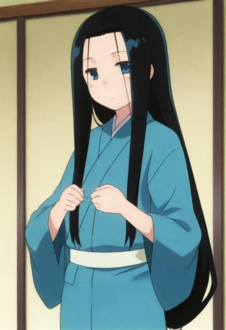 masterpiece, best quality, amazing quality,,, shiny skin,,,,,, anrakutei, blue_eyes, black_hair, very_long_hair, blue_kimono, long_sleeves, wide_sleeves,