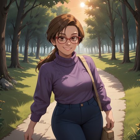 score_9, score_8, BREAK, solo, brown hair, ponytail, brown eyes, red glasses, dark purple sweater, dark blue pants, black sandals, Jill_Andersen_(Inside_Out), sexy pose, self portrait, smile, outdoors, sunlight, shadows, evening lighting, natural lighting, forest, trees, grass, orange sky, sunset