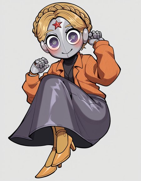 score_9, score_8_up, score_7_up, score_6_up, score_5_up, score_4_up, 1girl, solo,
<lora:CWew33-20:0.9>  cwew, sketch, flat color, (round eyes:1.2), purple flannel shirt, purple long skirt, yellow thighband pantyhose, high heels, looking at viewer, light smile, ear blush,
atomic heart, left \(atomic heart\), right \(atomic heart\), robot girl,