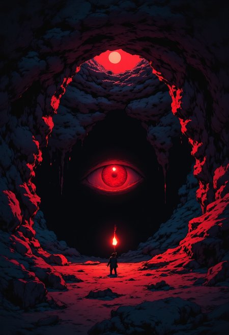 Dark gaint cave, man holding a torch, cave illuminatee by ony torch light, a gaint red eye in the back of the hidden in dark, detailed eye with swirling pupils, Thallasophobia, hidden