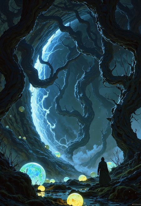 vibrant colors, extremely detailed, misty, enchanted forest. The twisted, ancient trees create a towering archway overhead, their gnarled, claw-like branches intertwined as if forming a natural portal. Vibrant, glowing orbs of blue and green light hover near the forest floor, casting a surreal glow on the moss-covered ground. Wisps of mist curl around the adventurer's feet, adding an air of mystery. The background fades into a luminous haze, with a radiant light source spilling through the archway, illuminating the scene in soft blues and greens. Tiny glowing particles float in the air, enhancing the magical atmosphere. The mood is a perfect balance of wonder and foreboding, as the adventurer ventures into the unknown.