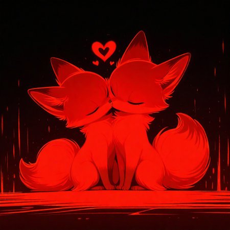masterpiece, best quality, good quality, very awa, very aesthetic, absurdres, newest, 
BREAK, two feral foxes, cute female fox, glowing red heart, cute, adorable, fluffy fox tail, noes to noes, noes kiss, 
BREAK, abstract background, dark red background, pink background, haiz_ai, no lineart, no outline, mad-nksktch