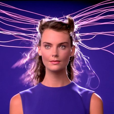 70mm shot on sony analog HDTV camera laserdisc style dorky australian brunette woman in standing in large room with cables on floor like television studio wide shot surrounded by swirling colour and sexy smirking at camera with a little wink. background is 1990s japanese beauty scenes exploding televisions electricity in background in a surreal fashion technology moving into her head cables and wires low contrast super sharp imagery