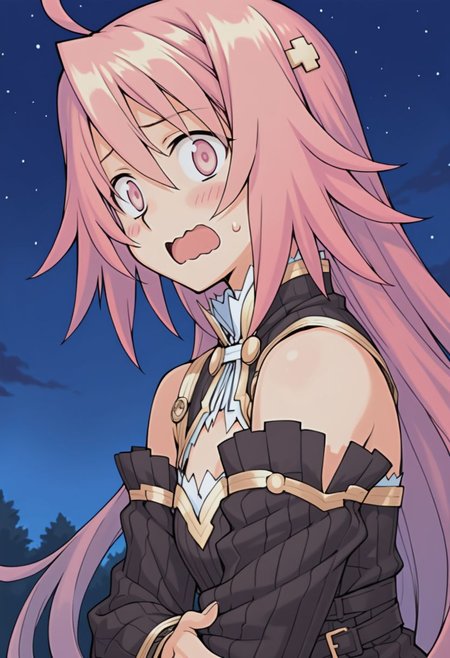 (masterpiece, best quality, newest, absurdres, highres), anime coloring, anime screenshot, 
night, starry sky, upper body, looking back, from behind, looking at viewer, 
1girl,  <lora:eina_(summon_night):0.8> eina (summon night), night costume, pink hair, pink eyes, ahoge, hair ornament, blush stickers, black dress, black belt, detached sleeves, cross hair ornament, cleavage cutout, flat chest, 
surprised, wide-eyed, wavy mouth, open mouth, self hug,