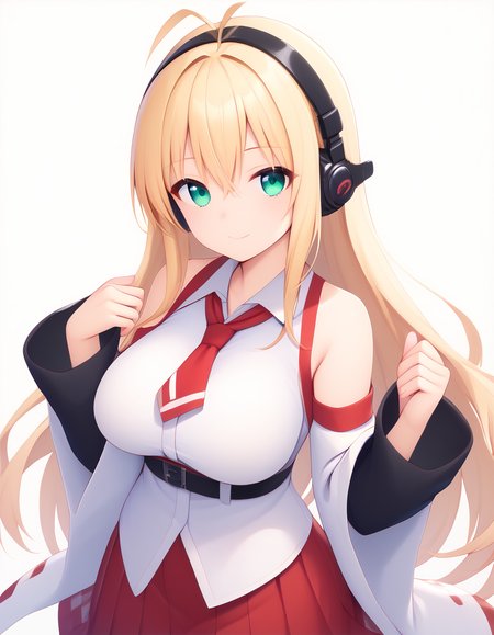 score_9, score_8_up, score_7_up, score_6_up, score_5_up, score_4_up, source_anime, rating:general,
BREAK,
1girl, solo, standing, simple background, looking at viewer, large breasts, smile, 
 <lora:tsurumaki_maki_ponyXL:2> tsurumaki maki, blonde hair, long hair, antenna hair, green eyes, red skirt, white jacket, headphones, detached sleeves, black sleeves, red tie,