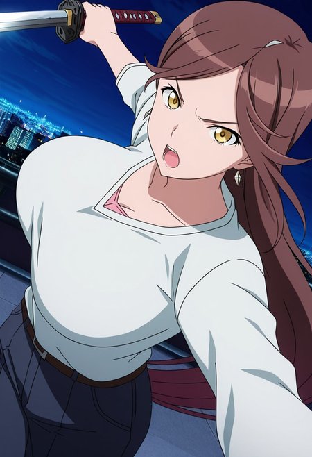 general,highres, ultra-detailed,very aesthetic,best quality ,best hands,best eyes,easynegative,
dynamic anglre, dutch angle, anime cloring,anime screencap,
1girl solo,looking at viewer,city,night, open mouth, holding katana, fighting, 
Yuuko Sagiri,brown_hair, long_hair,yellow eyes, huge_breasts, earrings,shirt,pants,