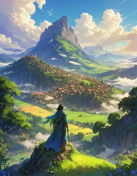 A lone wanderer stands on the edge of a high cliff, draped in a flowing cloak, overlooking a vast lush valley bathed in sunlight, Rolling green fields and scattered farmhouses stretch out below, framed by towering misty mountains, The sky is a mix of thick clouds and clear blue patches, creating a breathtaking and serene landscape, staff in hand, taking in the stunning expansive view, Niji, <lora:Niji:1>, <lora:detailed_notrigger:0.7>, <lora:add-detail-xl:1>, <lora:zavy-cntrst-sdxl:0.6>