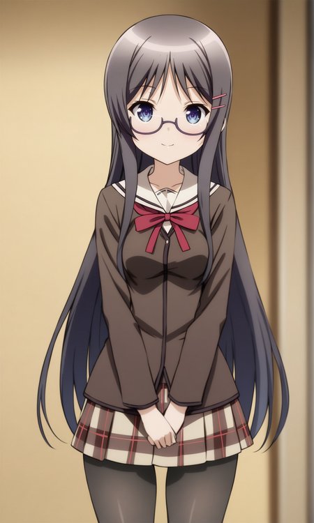 masterpiece, best quality, BREAK
solo, endourino, medium breasts, narrow waist, wide hips, 
school uniform, pantyhose, 
looking at viewer, light smile, standing, 
<lora:EndouRino_XL:1>