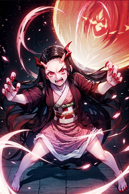 masterpiece, best quality, 1girl, kamado nezuko, demon kimetsu no yaiba, full body, (from below:1.3), claws, (veins:1.3), demon girl, kimono, full moon, <lora:nezukolora_:0.8>, veins, (fangs, red eyes, clenched teeth, anger, claws:1.4), backlighting, facing viewer, forest, fire, starry sky, blood, dirt, bruise, anger, crazy eyes, standing, legs apart, (fighting stance:1.3), long nails, floating hair, cinematic scene, (demon horns:1.3), looking at viewer, solo focus, horizon, cinematic lighting, dramatic lighting