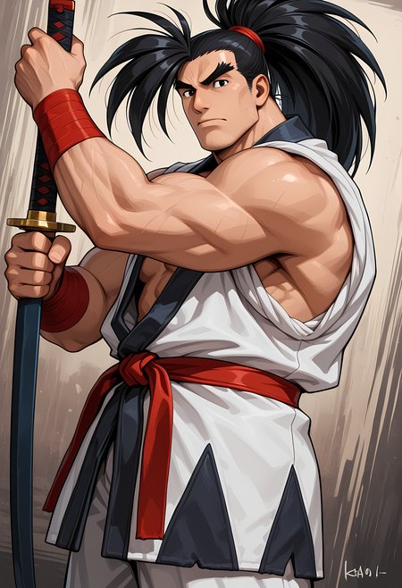 masterpiece, best quality, amazing quality, dutch angle, abstract background, BREAK
1boy, solo, male focus, ss_haoh, black hair, ponytail, black eyes, thick eyebrows, katana, sleeveless, dougi, BREAK
<lora:cfg_scale_boost:.6>   <lora:Haohmaru_Rasetsumaru_-_Samurai_Shodown_-_ILXL:1>