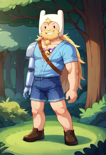 score_9, score_8_up, score_7_up, score_6_up, score_5_up, score_4_up, Finn_Mertens(adult), full body, blue topwear, cutoffs, prosthetic arm , headwear, full body, standing, facing veiwer, smirk, <lora:aesthetic_anime_v1s:1> <lora:xl_more_art-full_v1:1>  forest,
