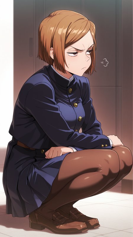 masterpiece,best quality,amazing quality, 1girl, solo,  <lora:IlluNobara:1> illuobara, short hair, brown hair, brown eyes, school uniform, skirt, pantyhose, jacket,annoyed, squatting, loafers,