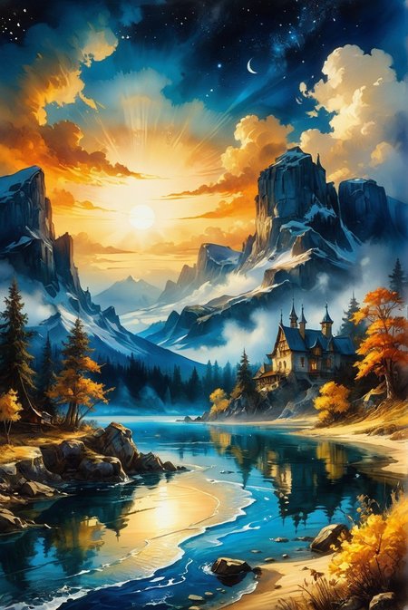Hyperrealistic dreamscape watercolor painting in 32k resolution, capturing the essence of a masterpiece with hyper-detailed and ultra-realistic elements. This artwork embodies perfect composition and chiaroscuro, reminiscent of Rembrandt's style. It blends fantasy imagery with the concept art brilliance of Jarek Kubicki, Raphael Lacoste, John Pitre, Karine Eibatova, Ralph Blakelock, Julie Bell, Jim Warren, and Aleksey Savrasov. The painting is vibrant and beautiful, showcasing painterly techniques with detailed and textural artistic quality. It exudes a surreal, ethereal, and dreamy atmosphere, mysterious and fantastical, with extremely high-resolution details and photographic realism pushed to the extreme, achieving an incredibly lifelike and fine texture.
hyperrealistic dreamscape watercolor painting, 32k resolution, masterpiece, hyper-detailed, ultra-realistic, perfect composition, chiaroscuro, fantasy imagery, concept art, vibrant, beautiful, painterly, detailed, textural, artistic, surreal, ethereal, dreamy, mysterious, fantasy, highly detailed, extremely high-resolution details, photographic realism, fine texture, incredibly lifelike.
<lora:add-detail-xl:1.0>,
<lora:EnvyBetterHiresFixXL01:1.0>,
<lora:extremely_detailed:1.0>, extremely detailed,
<lora:EldritchMixIllustration_1.1:0.6>,
<lora:watercolor:0.5> watercolor,
<lora:EnvyInkSwirlXL01:0.25> swirling ink,