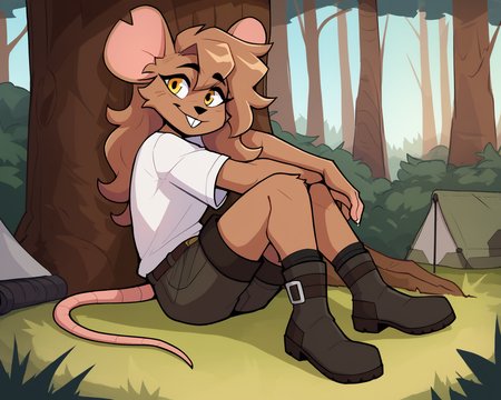 score_9_up, score_8_up, score_7_up, score_6_up, by remanedur, female, half-length portrait,  mouse, brown fur, brown hair,  yellow eyes, white t-shirt, boots, shorts, leaning, sitting, leaning against tree, outside, forest, tree, grass, camping, camp, happy, tent, smile, solo, head tilt, happy, smile, looking at viewer,  side view, forest, <lora:Leah_Pines(AIM)_XL_v1:0.15> <lora:PDXL_artist_tags_v2_big:0.5> <lora:The-Minuscule-Task_PDXL_v1.0:0.6>  <lora:Leah_Pines_v2_WirelessShiba:0.7>
