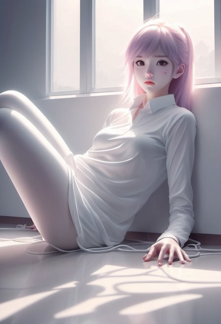 minimalis and simple, anime, Ghostblade WLOP style , anime graphic art ghibli , she is lying prone, thighhighs,ultrasharpness,weapon eletricthunder