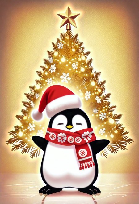Animal Christmas, masterpiece, best quality, (Penguin in Santa hat, scarf, ice skating on ice ring), Christmas tree, snowflakes, holiday decorations, glowing lantern, candy cane, warm lights, ice backdrop, polar night, cheerful mood, no humans