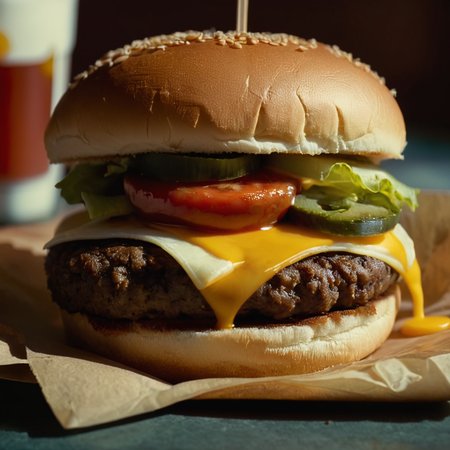 cinematic film still of  <lora:Pulp Fiction style:1>
from above,a hamburger with cheese and ketchup on a bun looking good,closeup,food,blurry,no humans,blurry background,close-up,realistic,bread,food focus,cheese,still life , 1990's, 90's, film, cinematic, crime and violence, classic, graphic violence, Kodak film, motion picture image,Pulp Fiction style, Pulp Fiction Film style, shallow depth of field, vignette, highly detailed, high budget, bokeh, cinemascope, moody, epic, gorgeous, film grain, grainy