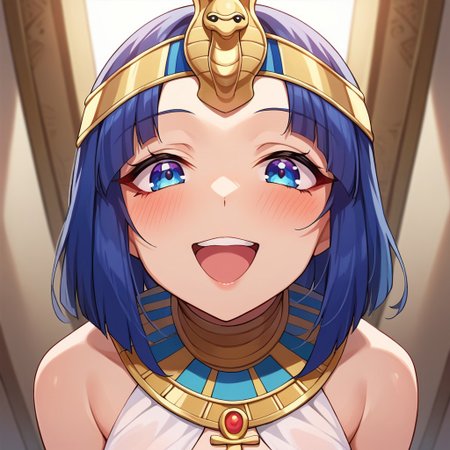 score_9, score_8, score_7, source_anime, egyptian clothes, POV, looking at viewer, blush, smile, open mouth, upper teeth only