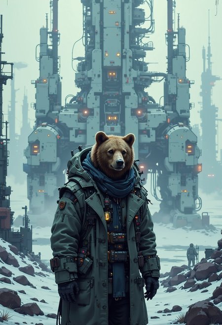 A digital artwork in the style of cknc, A grizzly bear scientist that stands before Artemis Station, looking at the viewer, They wear a long, insulated trench coat made of reflective, metallic fabric that shimmers in the pale sunlight. The coat has a high collar, partially concealing their face, while their head is covered by a hood lined with futuristic gadgets—small sensors and antennas scanning the environment. Their eyes, visible beneath the hood, have a faint glow, suggesting cybernetic enhancements. Visualize Artemis Station as a towering, enigmatic structure rising from a cold, fog-laden world. The massive white spires stretch skyward, their dark metallic surfaces glistening with condensation from the mist. Each tower is adorned with intricate, glowing lines of orange and blue lights, hinting at the advanced technology within. The fog is thick at ground level, muffling sounds and creating an eerie, quiet atmosphere, while faint mechanical hums reverberate through the air. In the distance, other towering monoliths fade into the fog, creating a sense of endlessness. The lighting is soft and diffused, with occasional beams piercing through the fog from docking bays, casting long, dramatic shadows. The camera is set at ground level, looking up at the overwhelming scale of the station, emphasizing its imposing and mysterious nature.