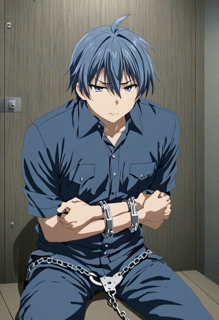 high resolution, solo, best quality, 1Boy, Tomoya Okazaki, Grey Blue Hair, arrested, restrained, struggling, handcuffs, interrogated, interrogation room, OverallDetail