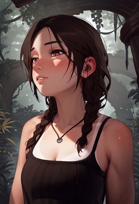 score_9, score_8_up, score_7_up, score_6_up, score_5_up, score_4_up, 1girl, blushing profusely red, 1girl,mysterious girl with freckles,an exotic Polinesian girl in off-shoulder shirt, Hairs in two braids, fading backlit background,pastel colors,surreal,  detailed, bokeh, perfect balanced, deep fine borders,artistic photorealism, smooth, whole body view, jungle background, temple, sexy, tanlines