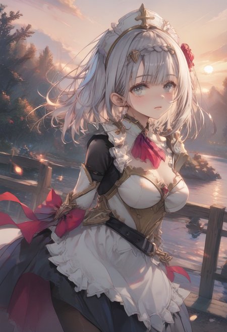score_9, score_8_up, score_7_up, score_6_up, score_5_up,
nldf, green eyes, grey hair, short hair, braid, blunt bangs, hair ornament, maid headdress, hair flower, red rose, pink ascot, breastplate, breasts, cleavage, bodystocking, shoulder armor, single shoulder pad, armored dress, white gauntlets, belt, maid apron, pantyhose, armored boots,mature face,29 years-old,
,standing,(large breasts:0.6),from side:1(fromfront:0.5),
 dramatic pose,dusk,fence,sunset,lake, masterpiece, best quality, sharp_details, game_cg
